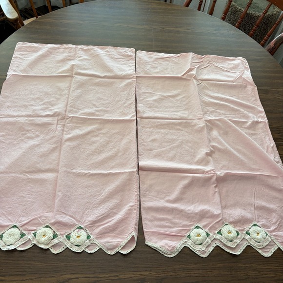 Handmade Other - Vintage Pink Pillowcase Pair Crochet Daisy Trim Cottage Bed Linens